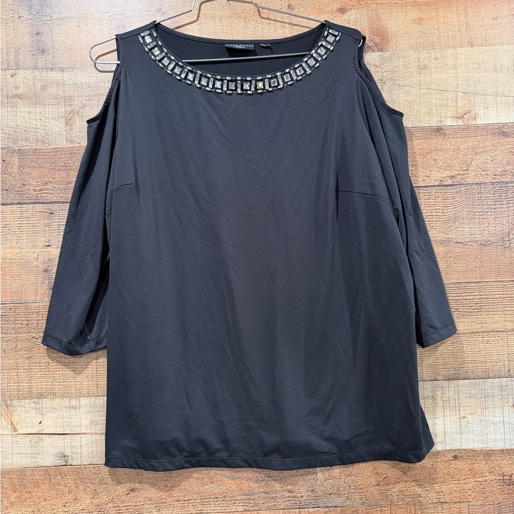 Black Cold Shoulder Susan Graver Top with Embellished Neckline Size 3XL